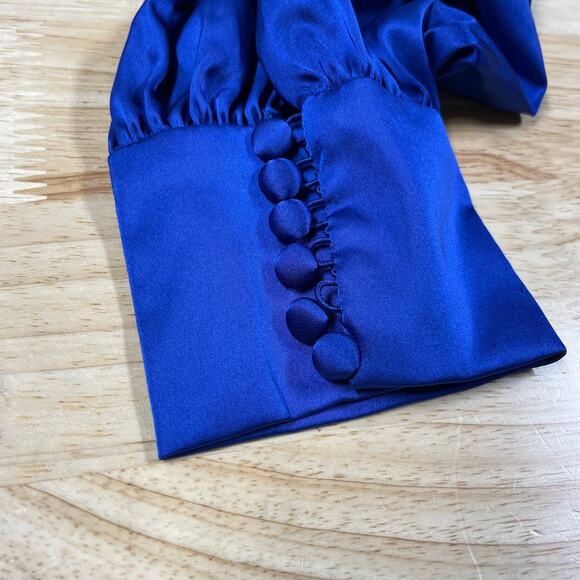 Mac Duggal NWT Satin Ruched Bishop Sleeve Gown Royal Blue Size 8 V-neck - Picture 7 of 11